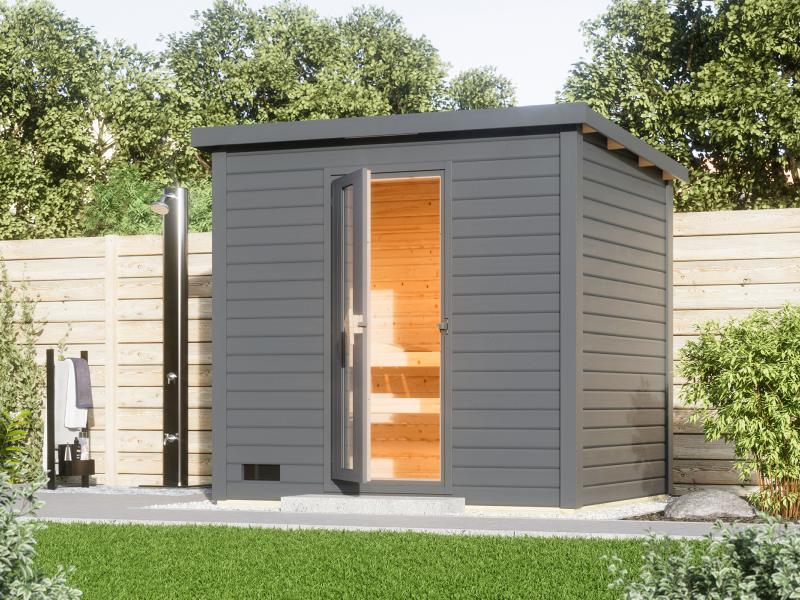 Karibu Saunahaus Hytti 3 38 mm terragrau - ohne Ofen - inkl. Energiespartür und Fußboden