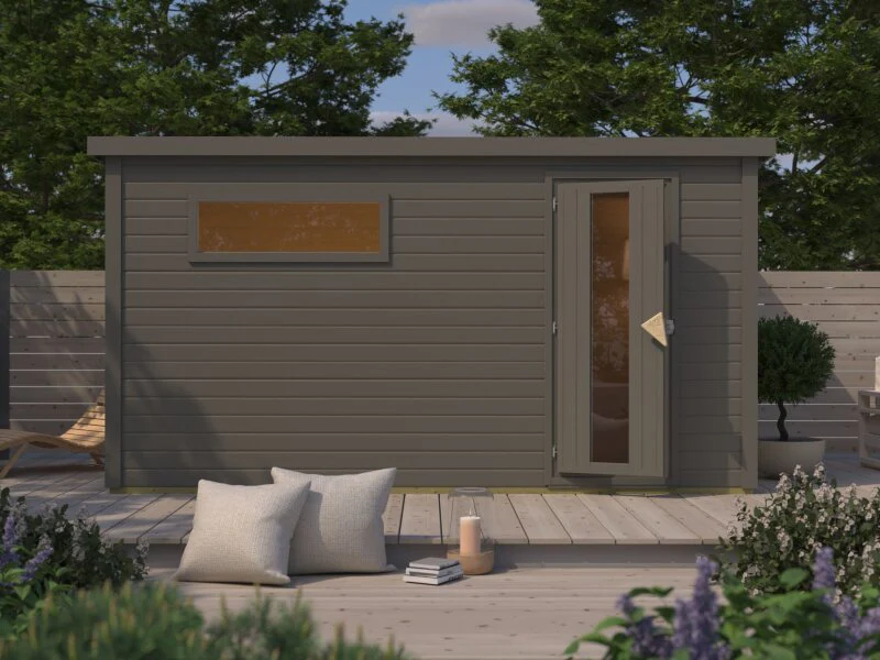 Karibu Saunahaus Hytti 6, inkl. 9 kW Bioofen ext. Steuerung HUUM -mit Iso-Tür- Terragrau