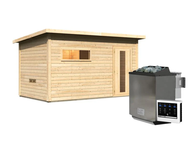 Karibu Saunahaus Hytti 6, inkl. 9 kW Bioofen ext. Steuerung - mit Iso-Tür naturbelassen, 38 mm - Image 3