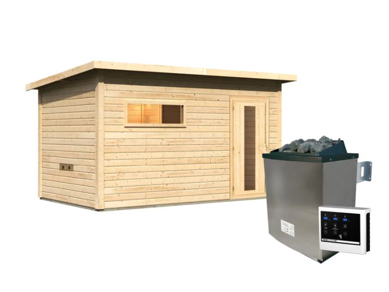 Karibu Saunahaus Hytti 6, inkl. 9 kW Ofen ext. Steuerung - mit Iso-Tür naturbelassen, 38 mm - Image 3