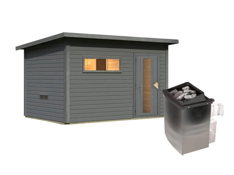 Karibu Saunahaus Hytti 6, inkl. 9 kW Ofen integr. Steuerung - mit Iso-Tür, terragrau, 38 mm - Image 3