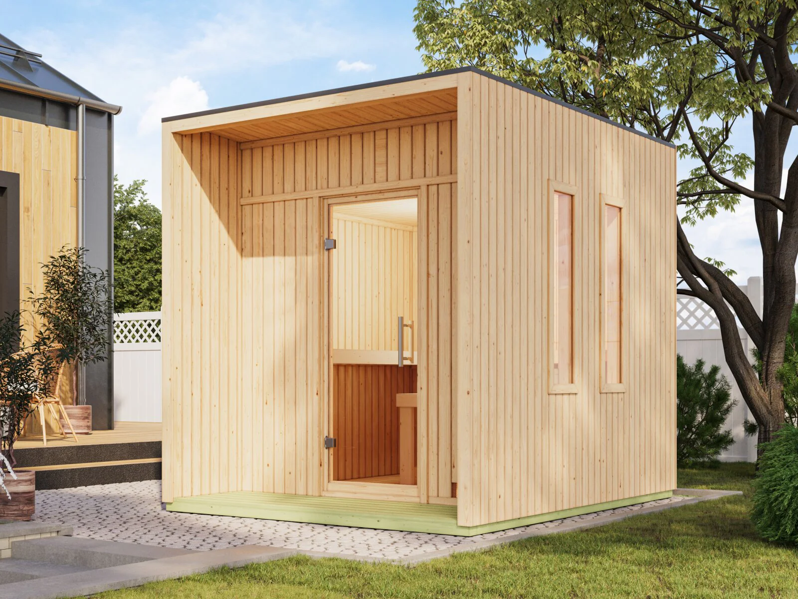 Karibu Saunahaus Laguna natur,73 mm -inkl. 9 kW Ofen ext. Steuerung Wifi HUUM