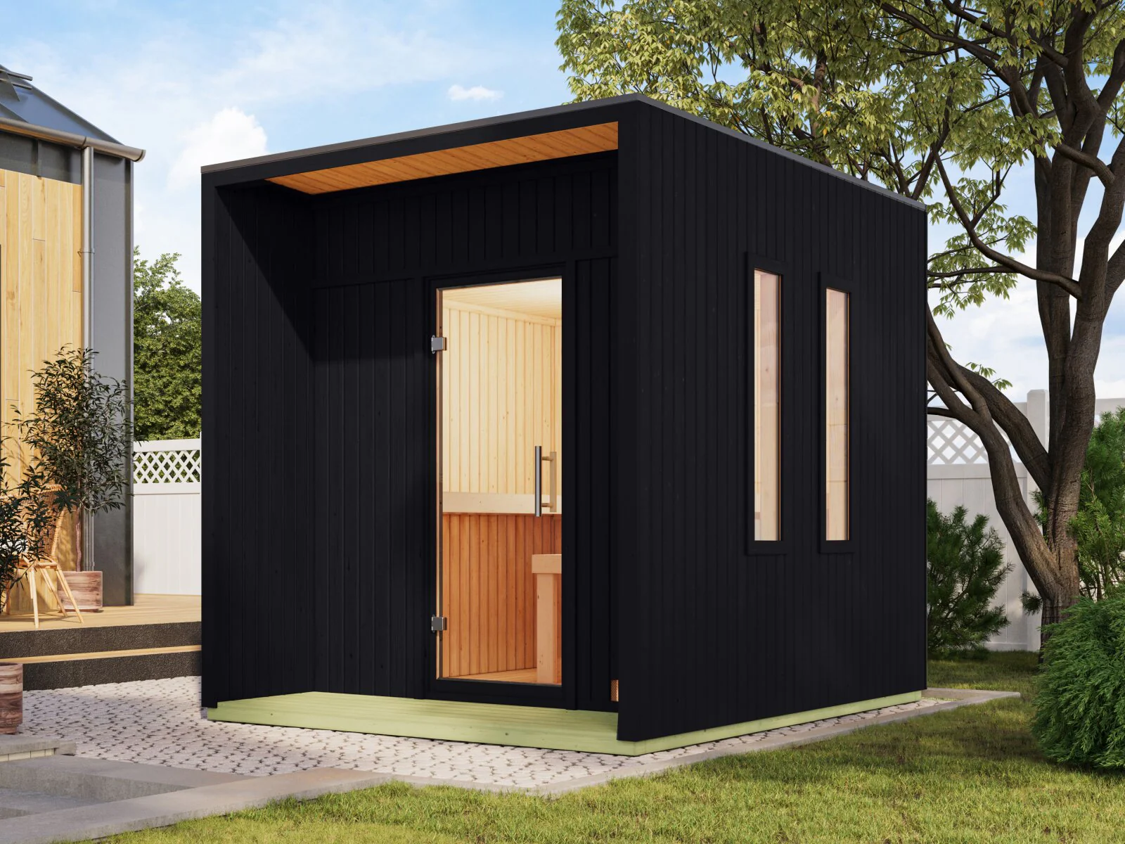 Karibu Saunahaus Laguna schwarz,73 mm -inkl. 9 kW Bioofen ext. Steuerung Wifi HUUM