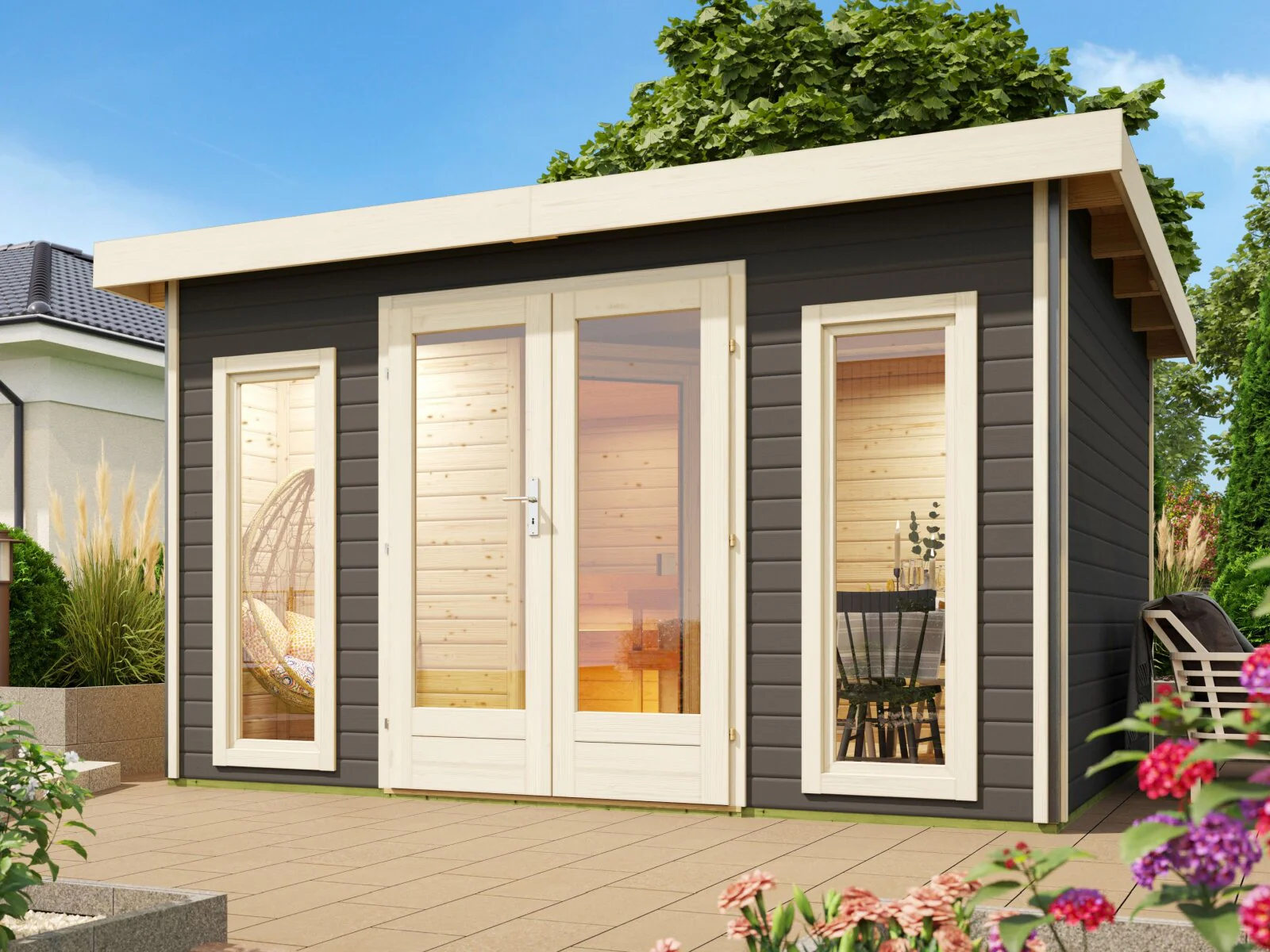 Karibu Saunahaus Mainburg 2 Set B terragrau, inkl. 9 kW Ofen ext. Steuerung HUUM