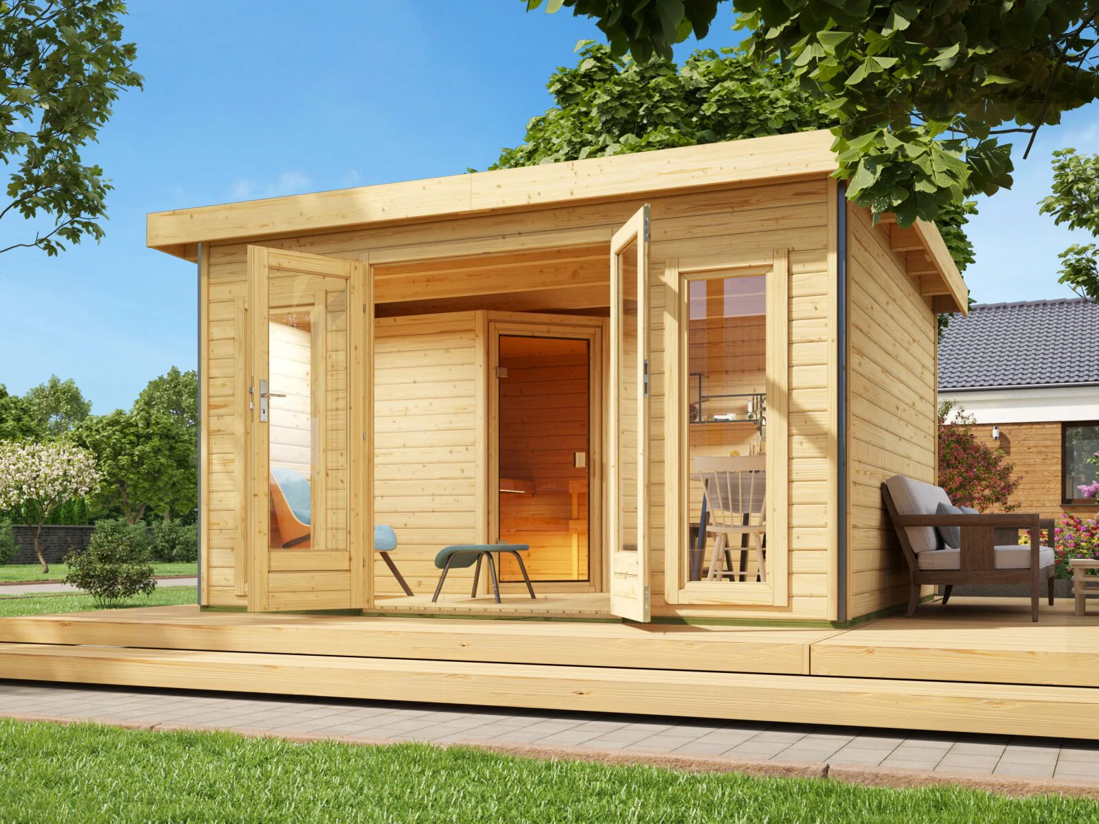 Karibu Saunahaus Mainburg 3 Set A naturbelassen, inkl. 9 kW Ofen ext. Steuerung HUUM