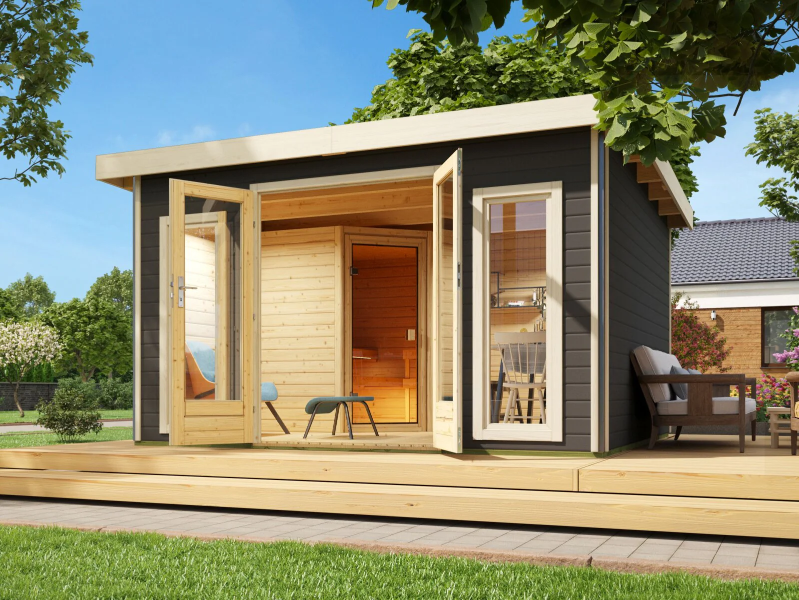 Karibu Saunahaus Mainburg 3 Set A terragrau, inkl. 9 kW Ofen ext. Steuerung HUUM
