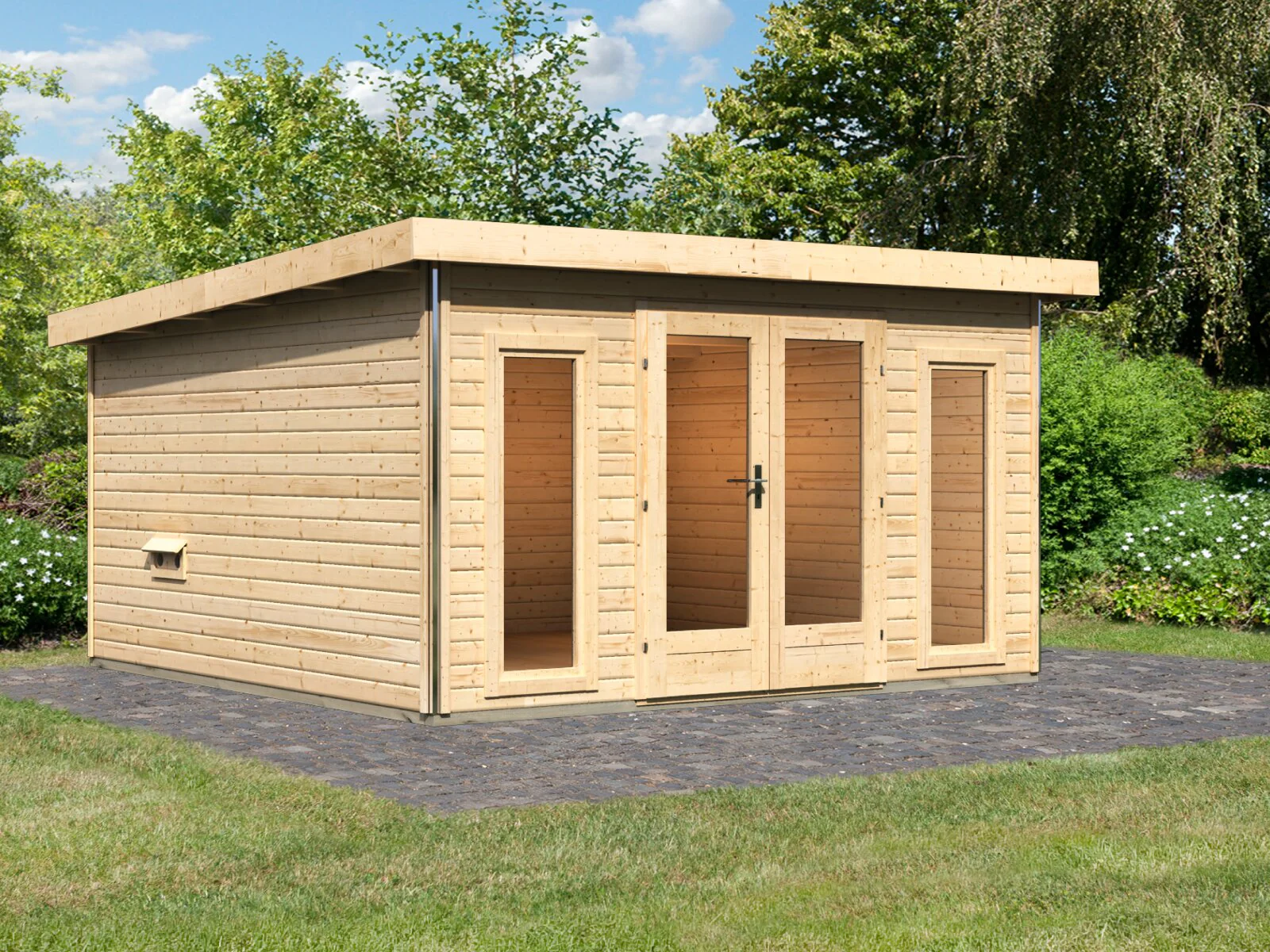Karibu Saunahaus Mainburg 3 Set B naturbelassen, inkl. 9 kW Bioofen ext. Steuerung HUUM