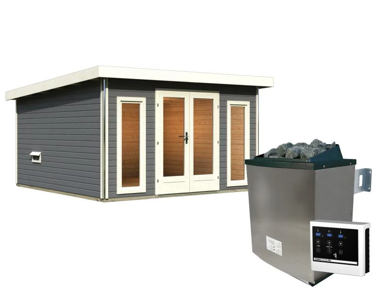 Karibu Saunahaus Mainburg 3 Set B terragrau- 9 kW Ofen ext. Strg - Image 2