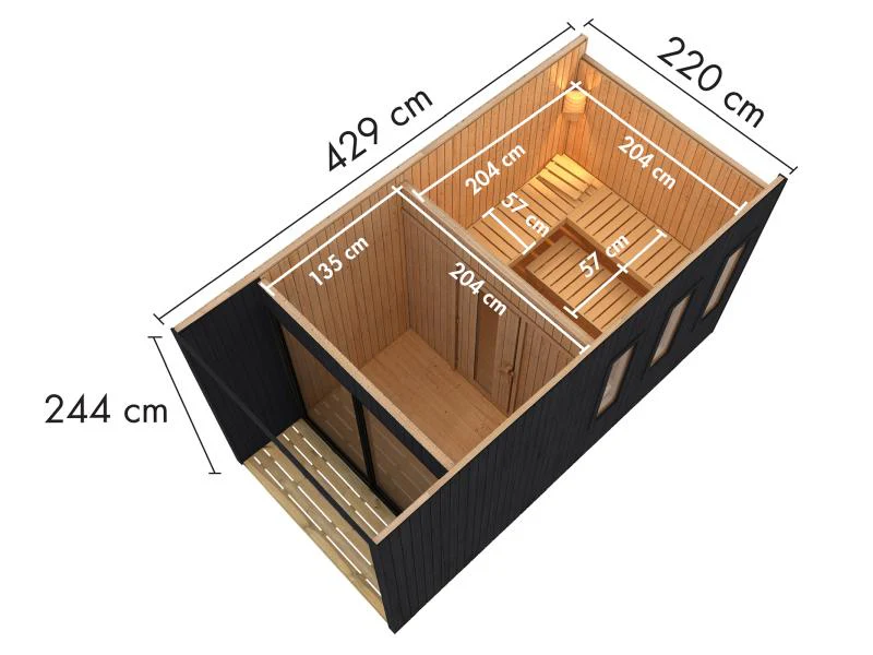 Karibu Saunahaus Miramar schwarz 73 mm inkl. 9 kW Ofen externe Steuerung mit Vorraum - Image 3