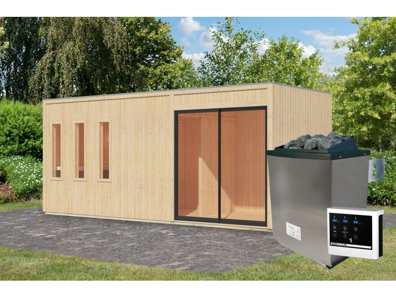Karibu Saunahaus Monterey, natur, inkl. 9 kW Ofen ext. Steuerung, mit Séparée im Vorraum, 73 mm - Image 3