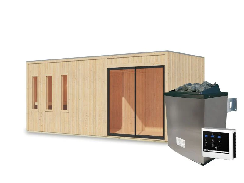 Karibu Saunahaus Monterey, natur, inkl. 9 kW Ofen ext. Steuerung, mit Séparée im Vorraum, 73 mm - Image 4