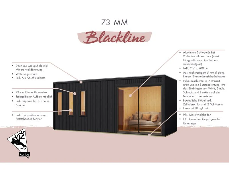 Karibu Saunahaus Monterey, schwarz, inkl. 9 kW Bioofen ext. Steuerung, mit Séparée im Vorraum, 73 mm - Image 6