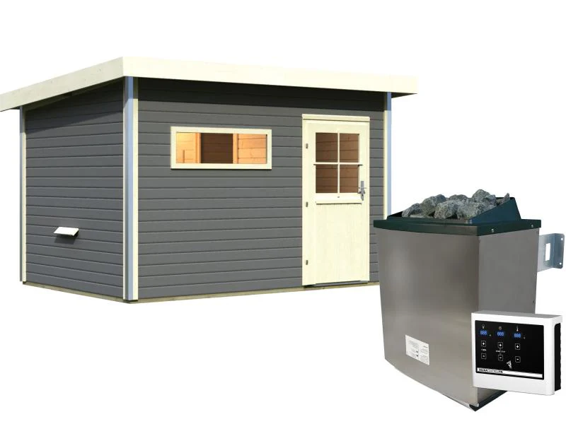 Karibu Saunahaus Skrollan 2 in terragrau- 9 kW Ofen ext. Steuerung- klassische Tür - Image 2