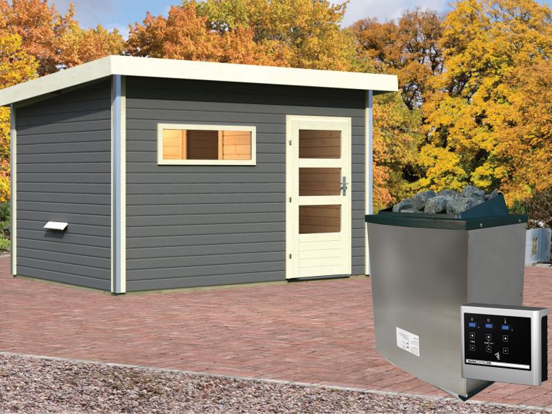 Karibu Saunahaus Skrollan 2 in terragrau- 9 kW Ofen ext. Strg- moderne Tür - Image 2