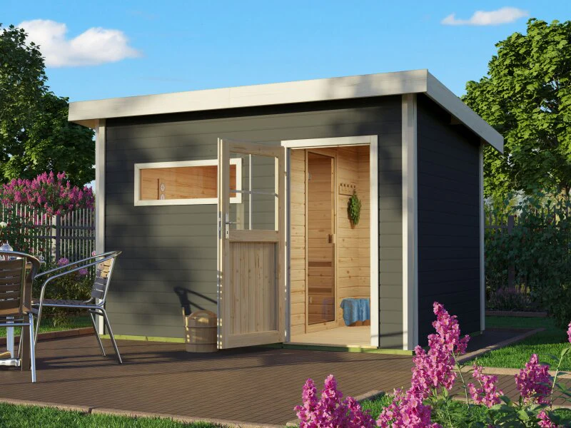 Karibu Saunahaus Skrollan 2, inkl. 9 kW Bioofen ext. Steuerung HUUM - Klassische Tür, Terragrau
