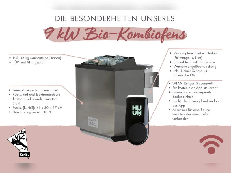 Karibu Saunahaus Skrollan 2, inkl. 9 kW Bioofen ext. Steuerung HUUM - Klassische Tür, Terragrau - Image 10