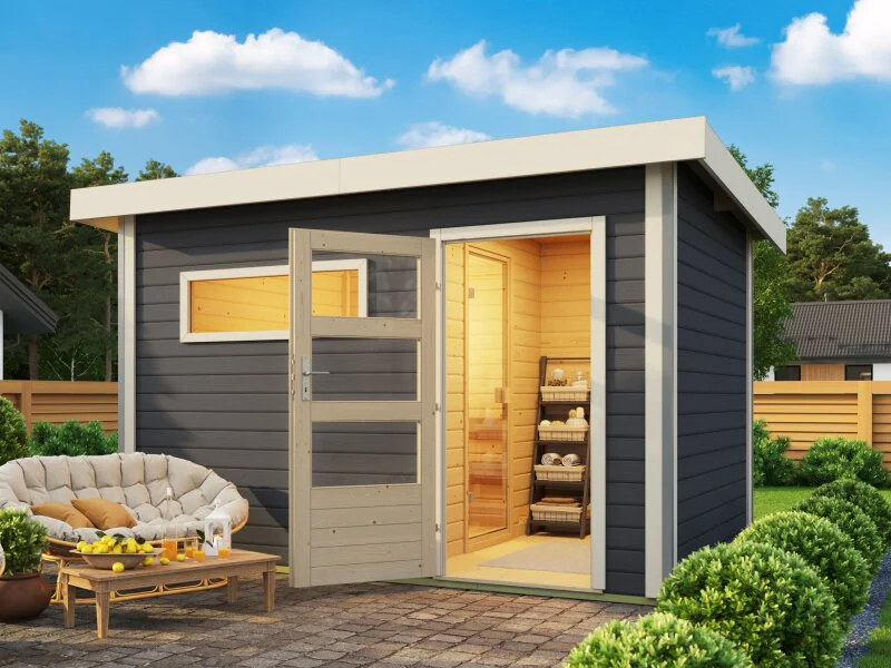Karibu Saunahaus Skrollan 2, inkl.  9 kW Ofen ext. Steuerung HUUM, Moderne Tür, Terragrau - Image 2