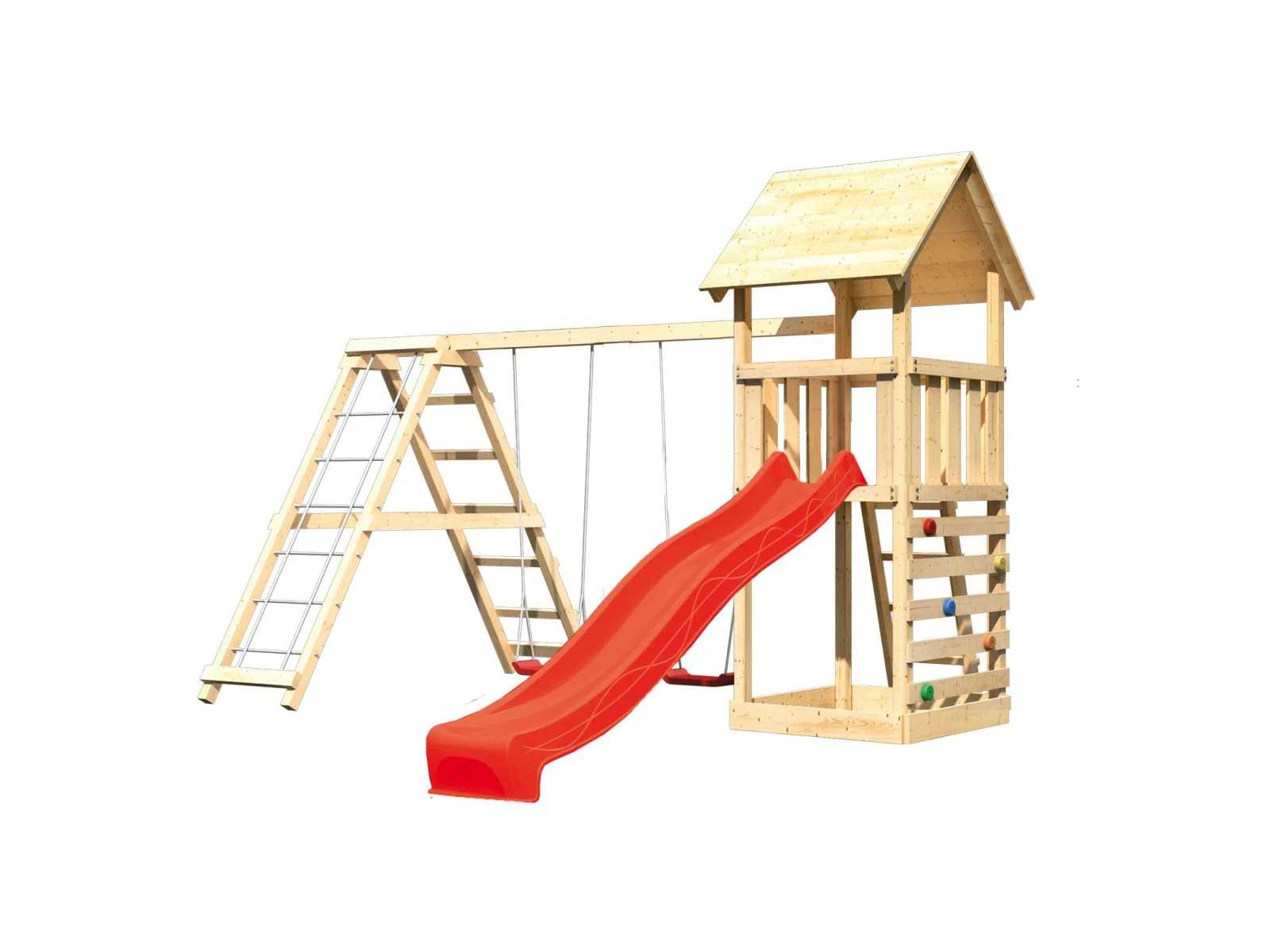 Karibu Spielturm Lotti- Doppelschaukel mit Klettergerüst, Kletterwand und Rutsche in rot - Image 4