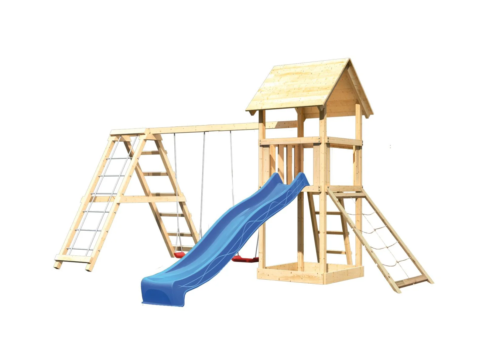 Karibu Spielturm Lotti- Doppelschaukel mit Klettergerüst, Netzrampe und Rutsche in blau - Image 4