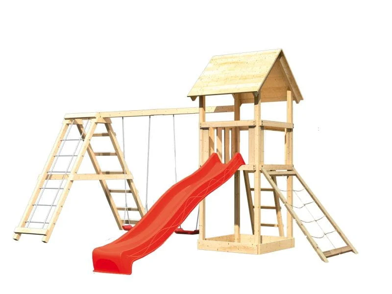 Karibu Spielturm Lotti- Doppelschaukel mit Klettergerüst, Netzrampe und Rutsche in rot - Image 2
