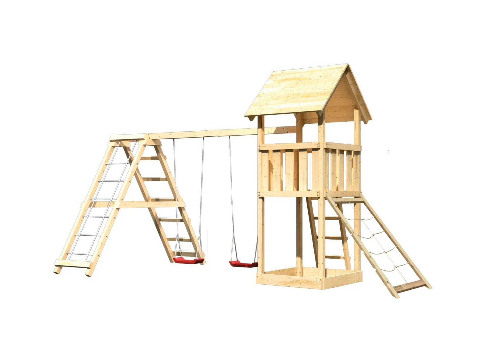Karibu Spielturm Lotti- Doppelschaukel mit Klettergerüst und Netzrampe - Image 4