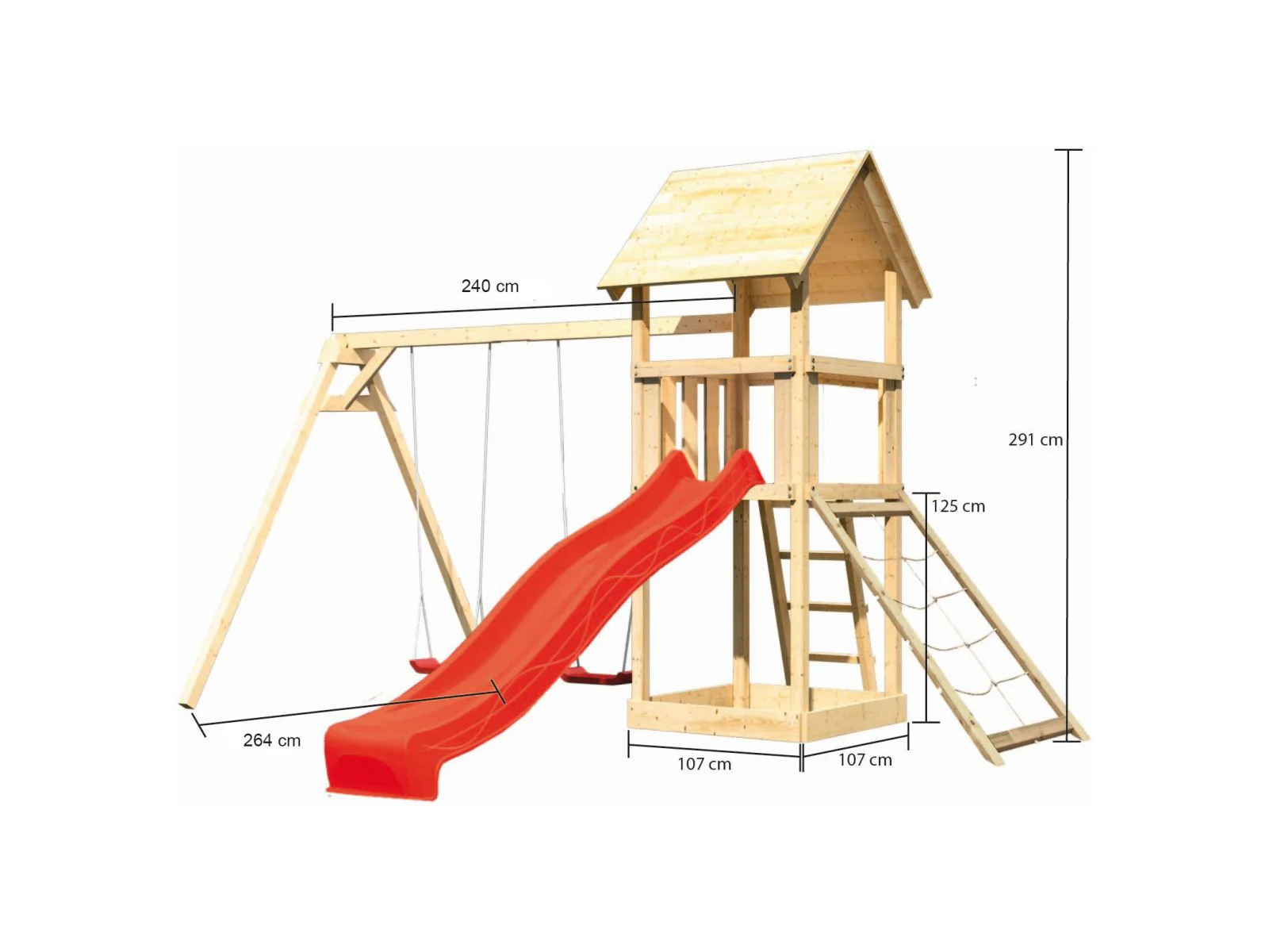 Karibu Spielturm Lotti mit Doppelschaukel, Netzrampe und Rutsche rot - Image 2