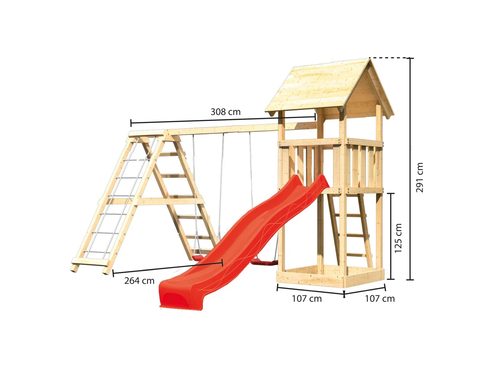 Karibu Spielturm Lotti mit Rutsche in rot und Doppelschaukel inkl. Klettergerüst - Image 3