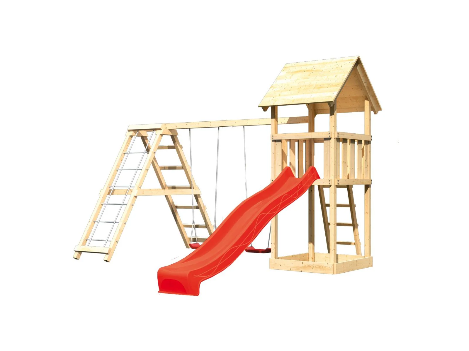 Karibu Spielturm Lotti mit Rutsche in rot und Doppelschaukel inkl. Klettergerüst - Image 5