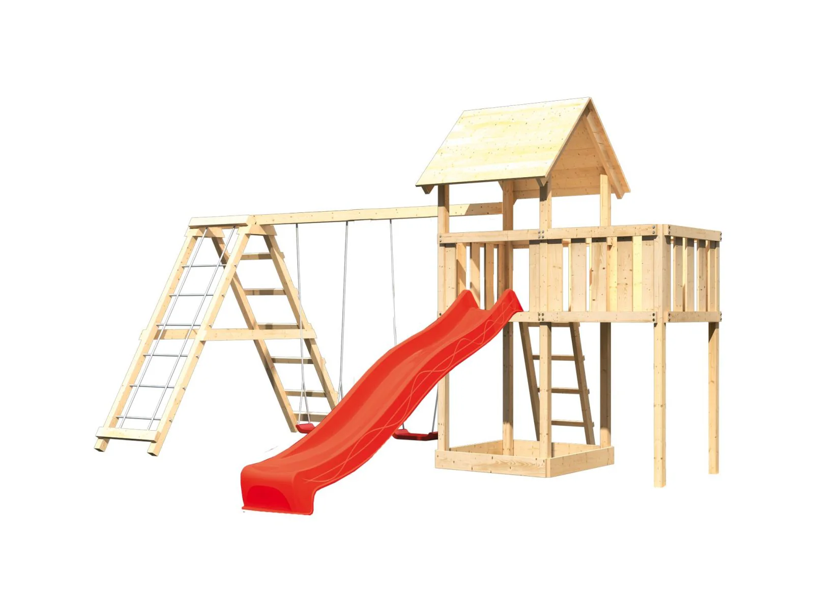 Karibu Spielturm Lotti natur- Anbauplattform- Doppelschaukel inkl. Klettergerüst- Rutsche rot - Image 4