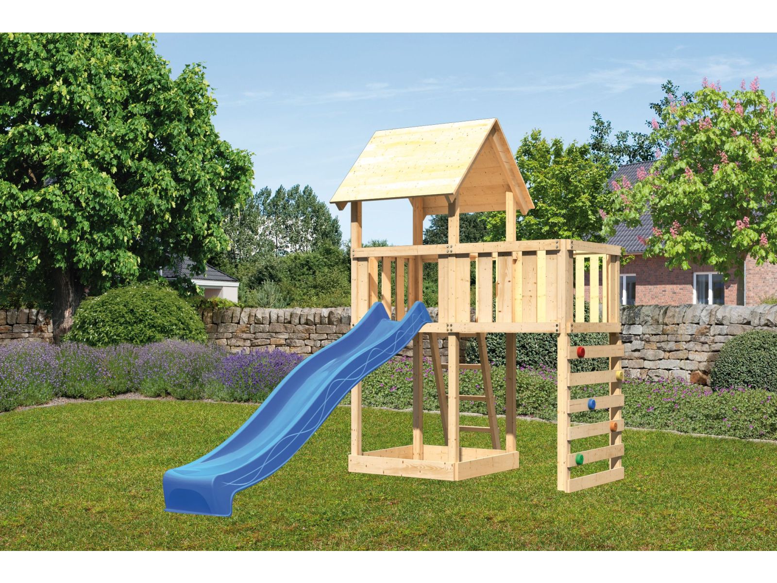 Karibu Spielturm Lotti natur mit Anbauplattform, Kletterwand und Rutsche blau