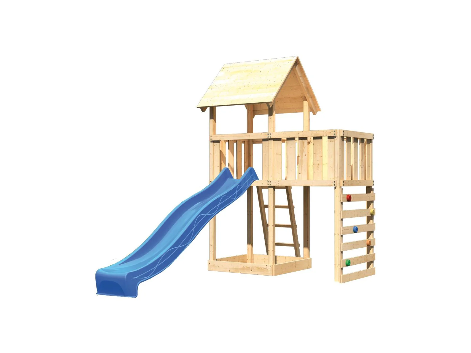 Karibu Spielturm Lotti natur mit Anbauplattform, Kletterwand und Rutsche blau - Image 4