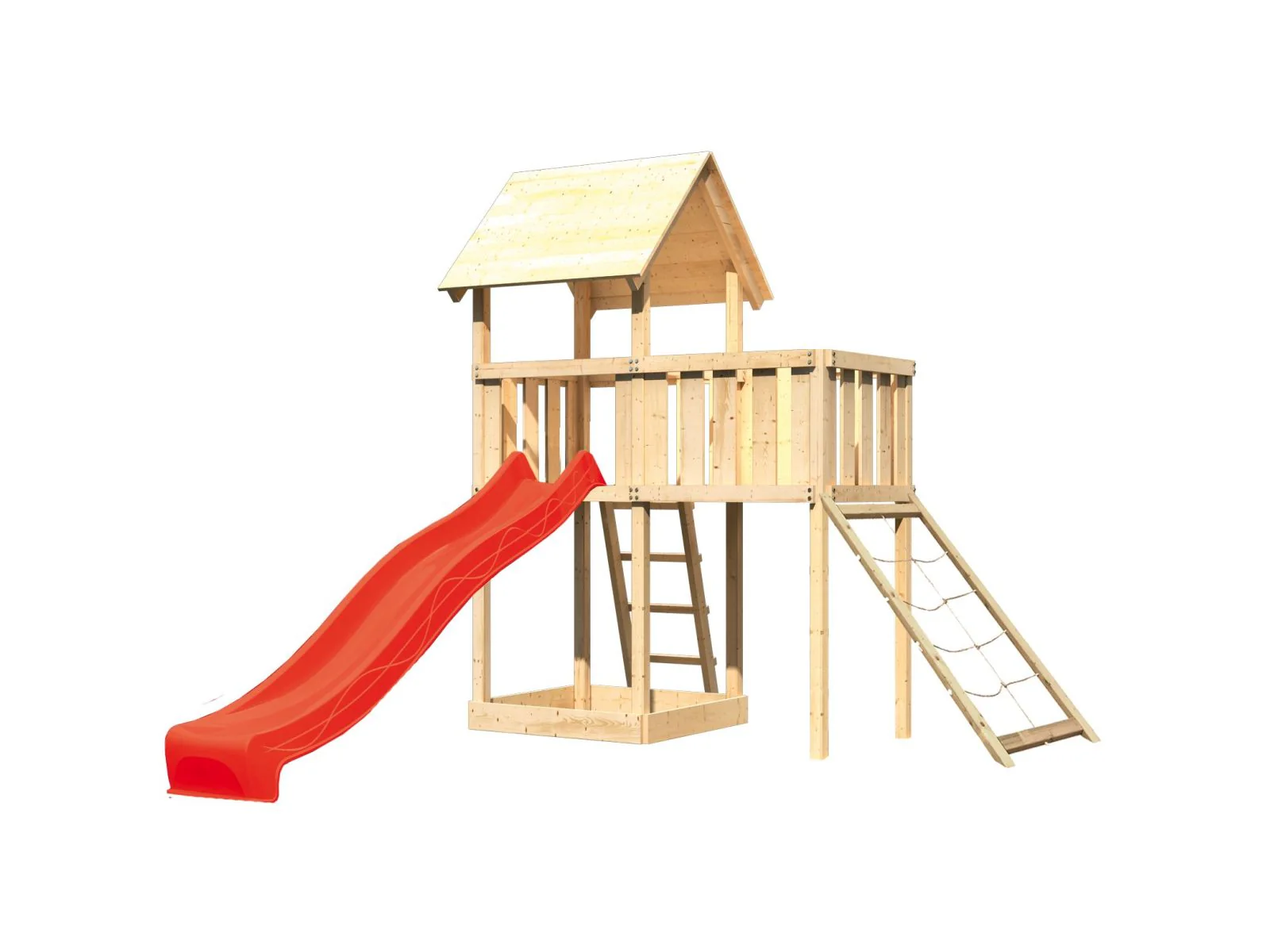 Karibu Spielturm Lotti natur mit Anbauplattform, Netzrampe und Rutsche rot - Image 4