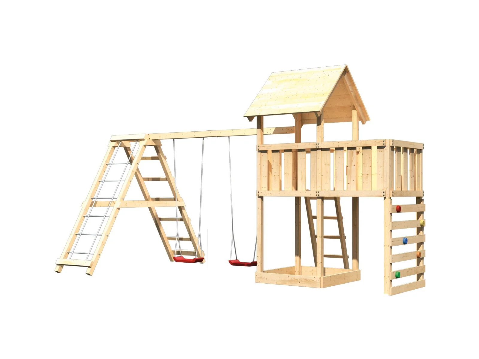 Karibu Spielturm Lotti Satteldach + Doppelschaukelanbau Klettergerüst + Anbauplattform + Kletterwand - Image 4