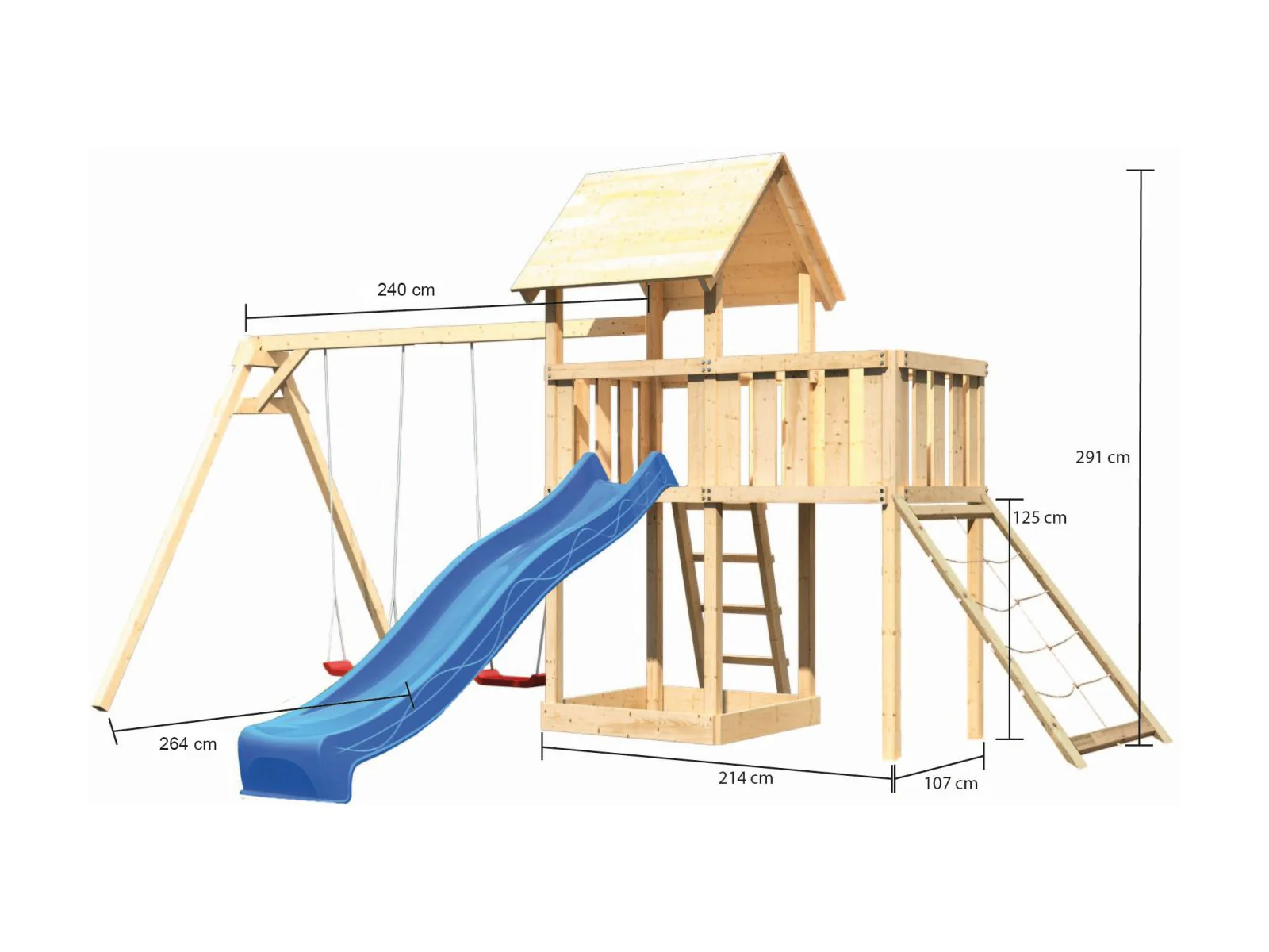 Karibu Spielturm Lotti Satteldach + Rutsche blau + Doppelschaukel + Anbauplattform + Netzrampe - Image 2