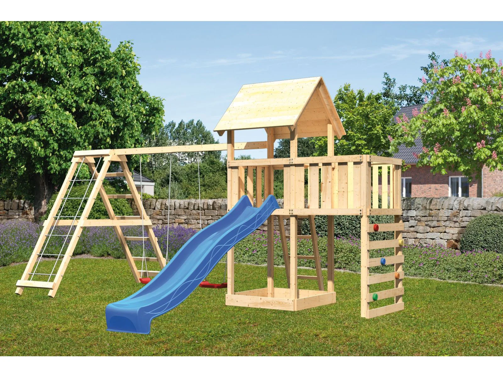 Karibu Spielturm Lotti Satteldach + Rutsche blau + Doppelschaukel Klettergerüst + Anbauplattform + K