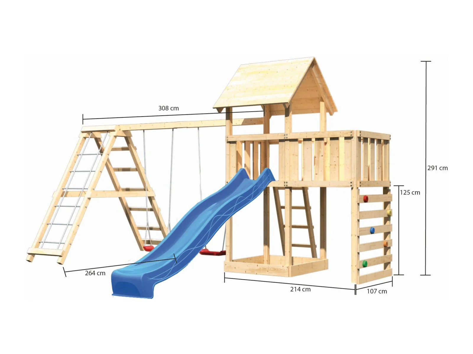 Karibu Spielturm Lotti Satteldach + Rutsche blau + Doppelschaukel Klettergerüst + Anbauplattform + K - Image 2