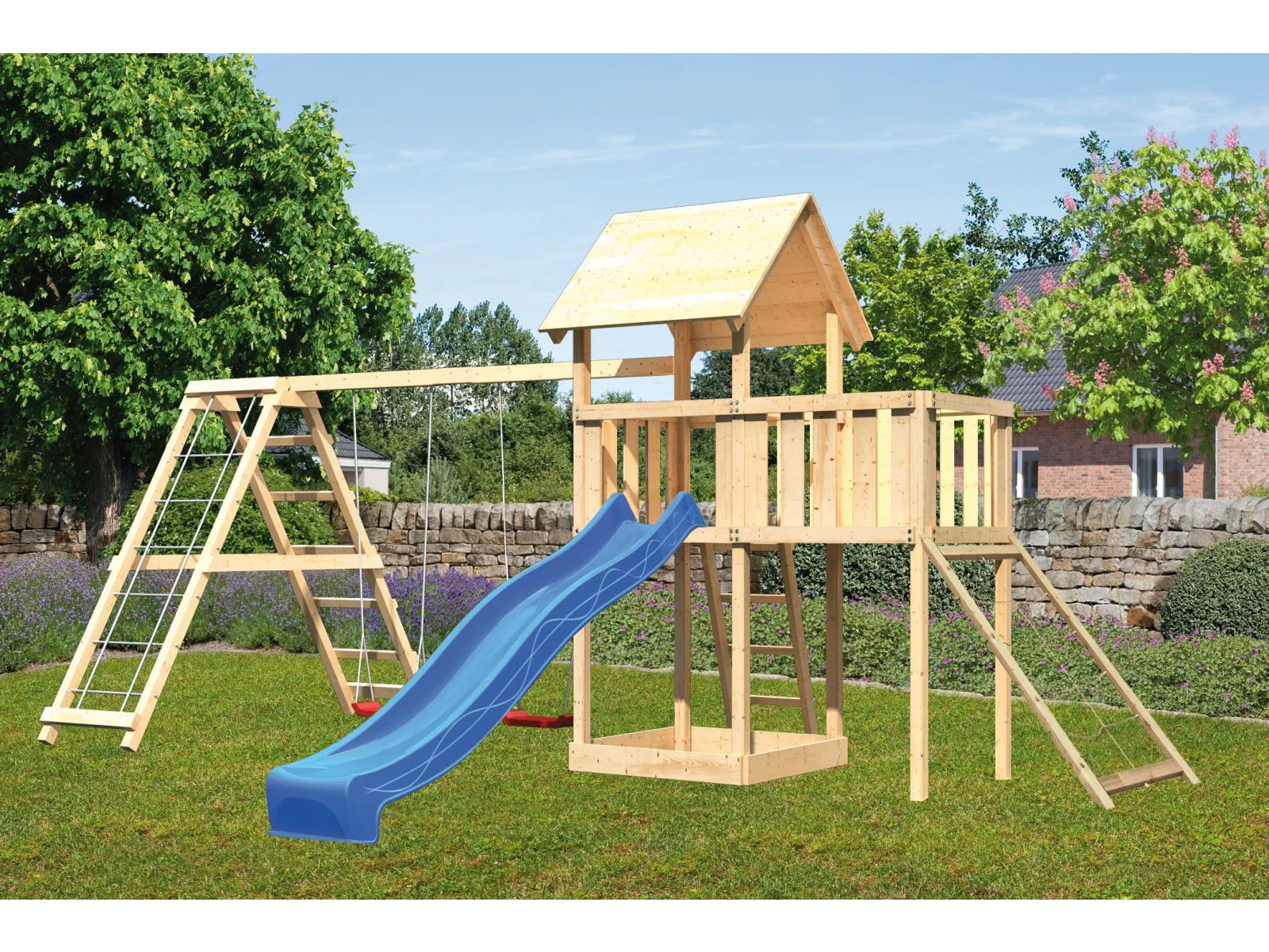 Karibu Spielturm Lotti Satteldach + Rutsche blau + Doppelschaukelanbau Klettergerüst + Anbauplattfor