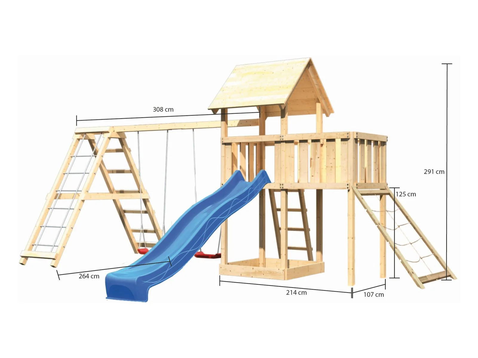 Karibu Spielturm Lotti Satteldach + Rutsche blau + Doppelschaukelanbau Klettergerüst + Anbauplattfor - Image 2