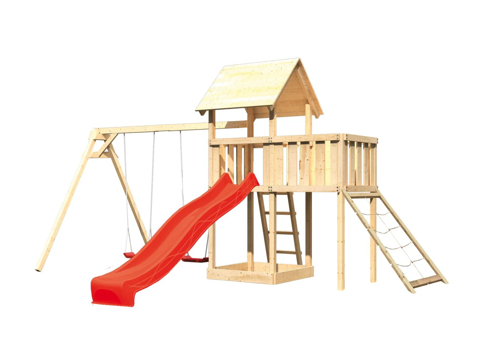 Karibu Spielturm Lotti Satteldach + Rutsche rot + Doppelschaukel + Anbauplattform + Netzrampe - Image 4