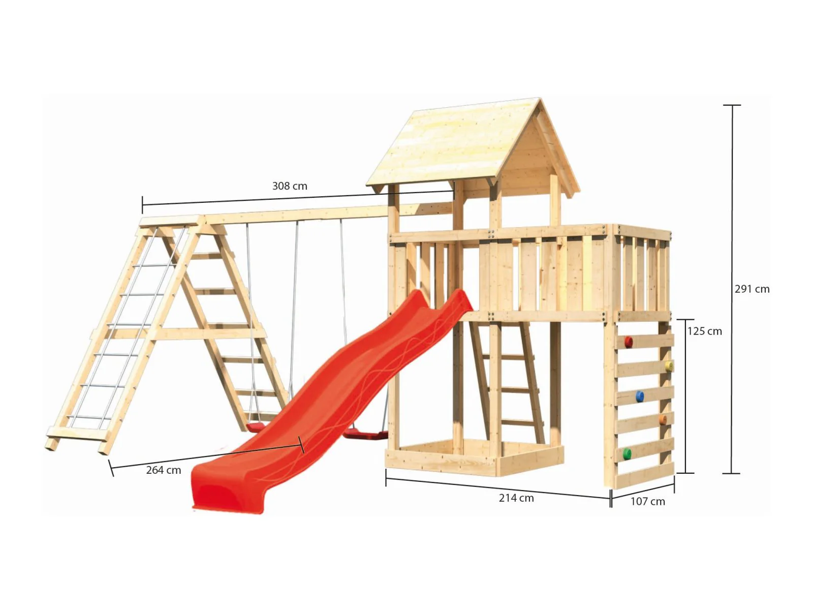 Karibu Spielturm Lotti Satteldach + Rutsche rot + Doppelschaukel Klettergerüst + Anbauplattform + Kl - Image 2