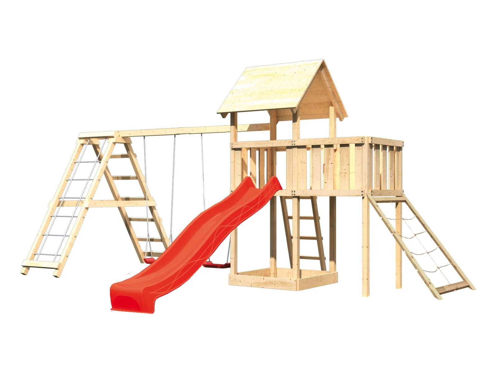 Karibu Spielturm Lotti Satteldach + Rutsche rot + Doppelschaukelanbau Klettergerüst + Anbauplattform - Image 4
