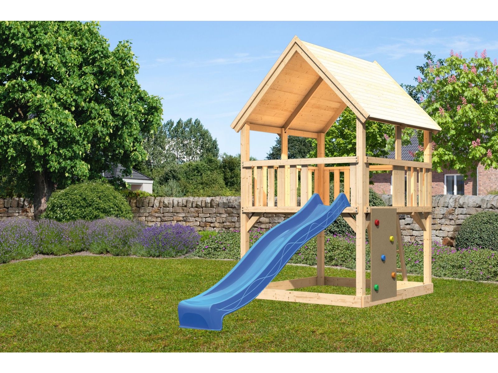 Karibu Spielturm Luis Satteldach + Rutsche blau + Kletterwand