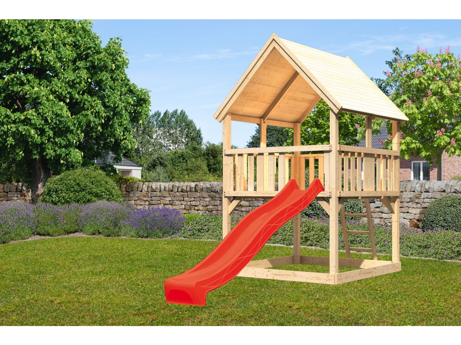 Karibu Spielturm Luis Satteldach + Rutsche rot