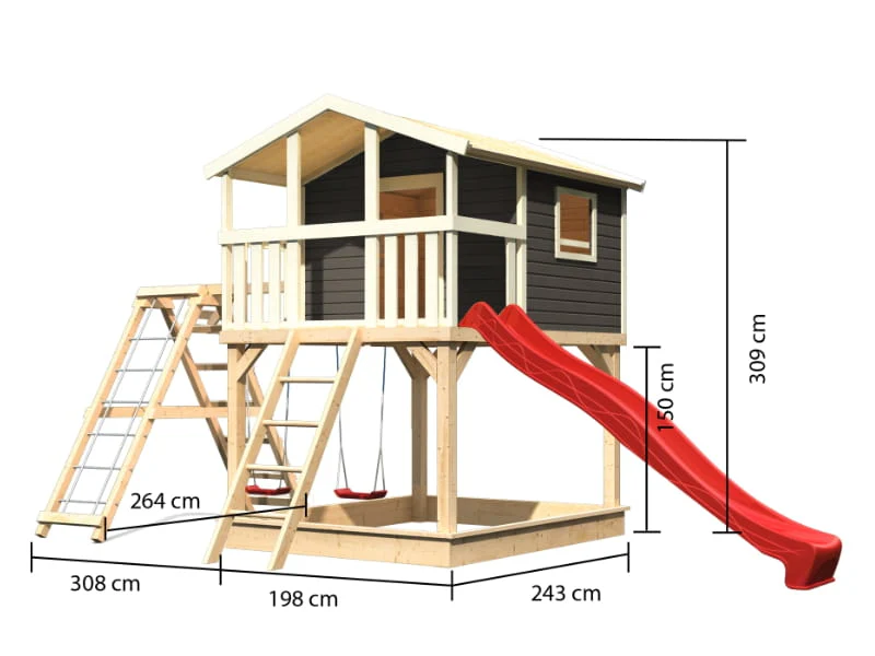 Karibu Stelzenhaus Benjamin grau mit Rutsche in rot und Doppelschaukelanbau mit Klettergerüst und Ne - Image 2