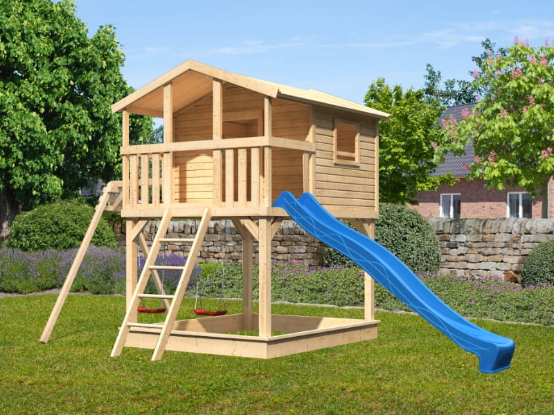 Karibu Stelzenhaus Benjamin natur mit Rutsche in blau und Doppelschaukelanbau - Image 2