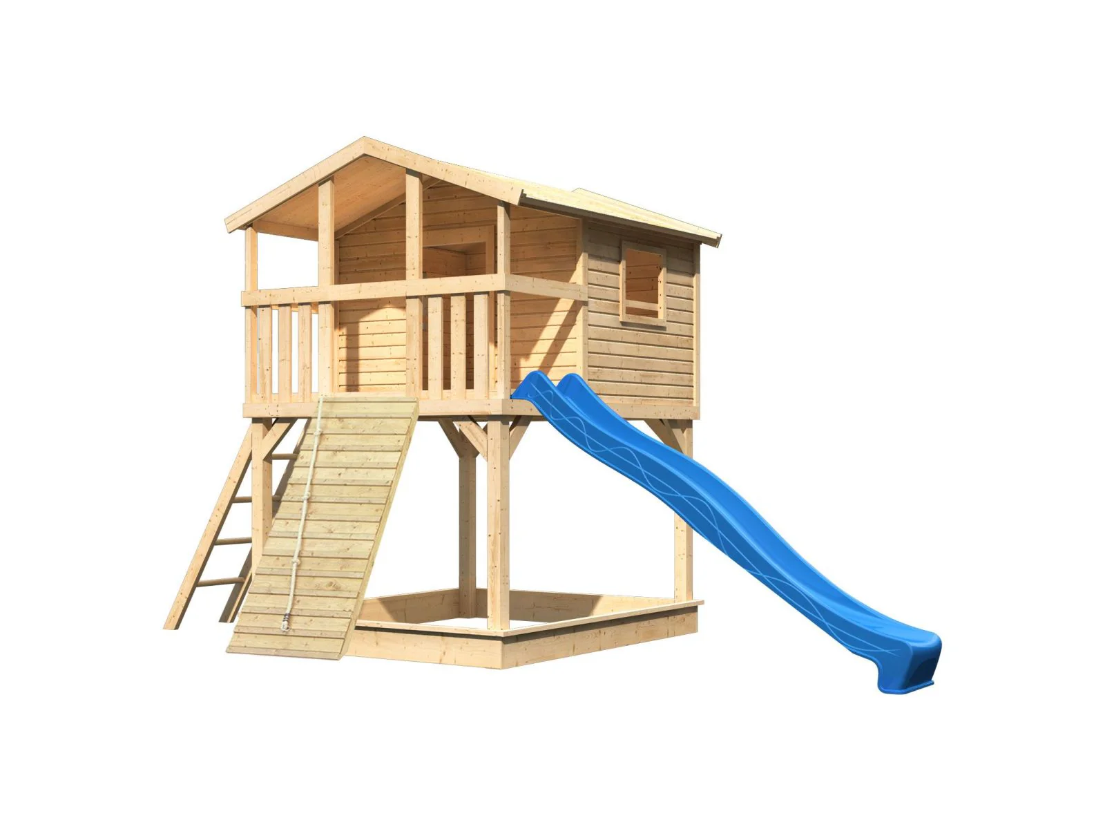 Karibu Stelzenhaus Benjamin naturbelassen + Rutsche blau + Holzrampe - Image 4