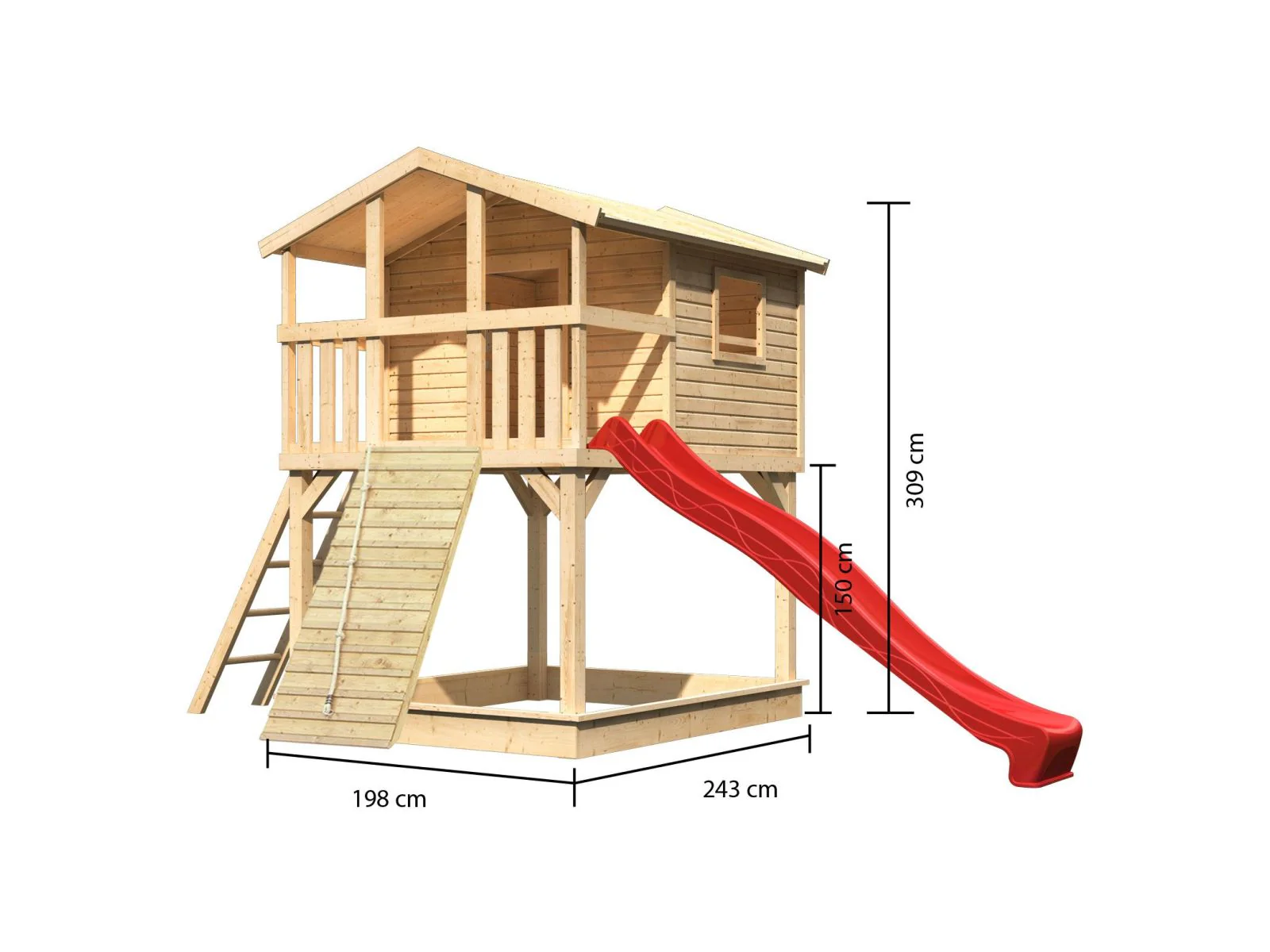 Karibu Stelzenhaus Benjamin naturbelassen + Rutsche rot + Holzrampe - Image 2