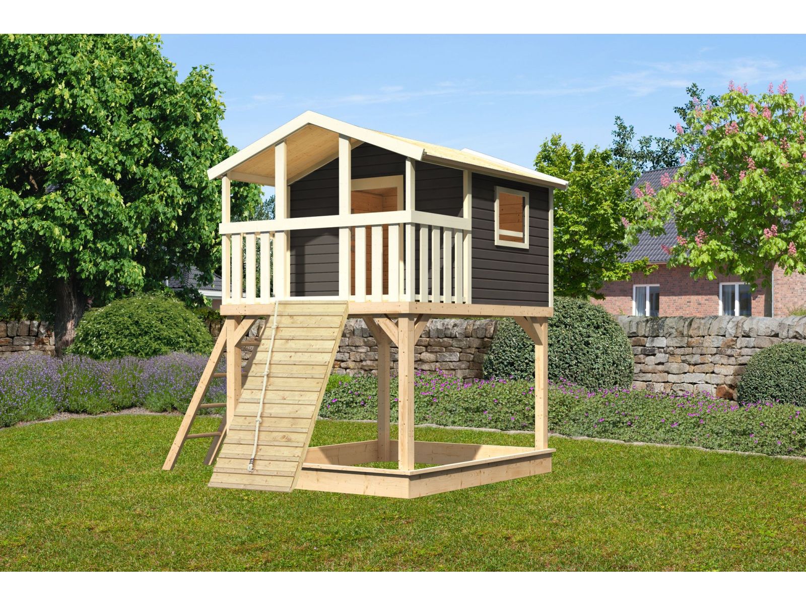 Karibu Stelzenhaus Benjamin terragrau mit Holzrampe