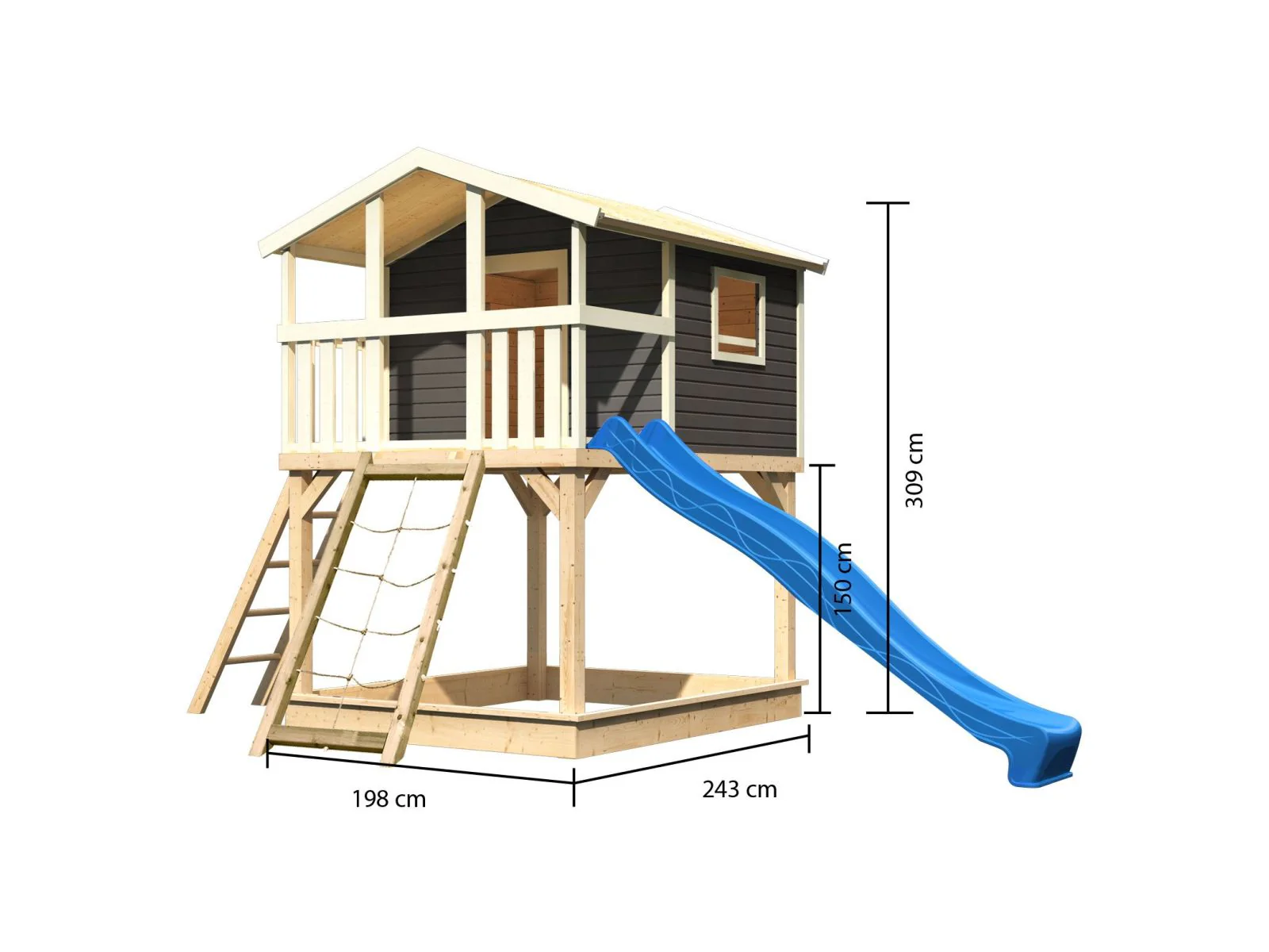 Karibu Stelzenhaus Benjamin terragrau mit Netzrampe und Rutsche in blau - Image 2