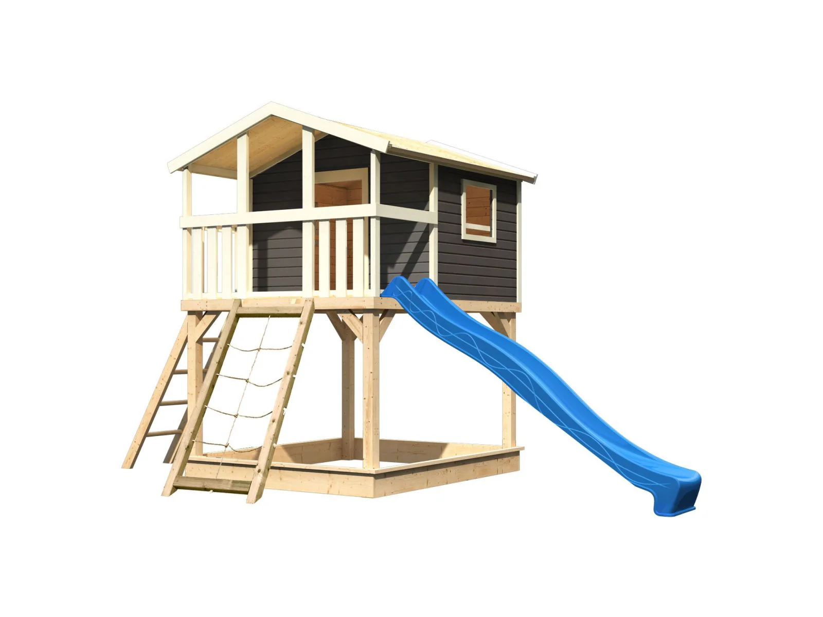 Karibu Stelzenhaus Benjamin terragrau mit Netzrampe und Rutsche in blau - Image 3